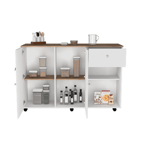 Barra de Cocina Victory, Blanco y Café Claro, con Rodachines