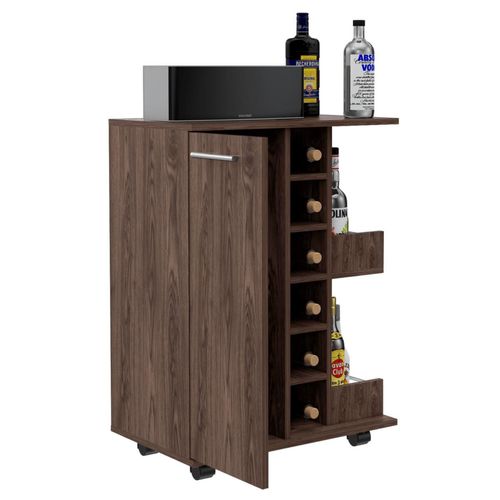 Bar Cart Argus, Chocolate, con Puerta y Patas con Rodachines