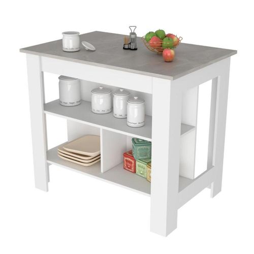 Barra de Cocina Cala, Blanco y Beige, con Amplia Supeicie En La Mesa