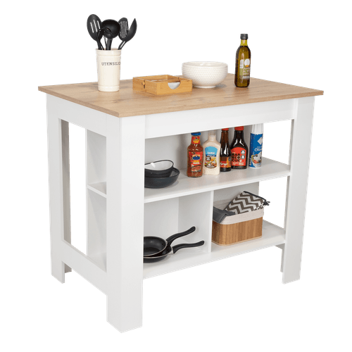 Barra de Cocina Cala, Blanco y Café claro, con amplia superficie en la mesa
