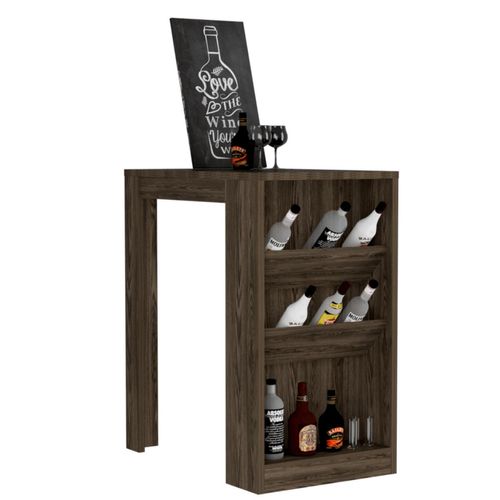 Mesa de Bar Celeste, Chocolate, con Tres Estantes para Botellas