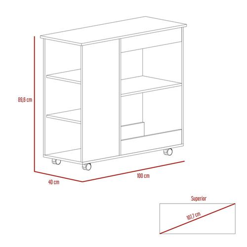 Mesa Auxiliar de Cocina Coralyn, Blanco y Café Claro, con tres entrepaños y rodachines