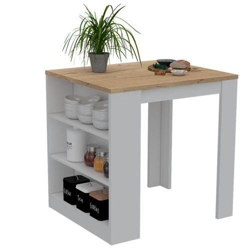 Mesa Auxiliar Mayer, Blanco y Café Claro, con Amplia Supeicie En La Mesa y Tres Entrepaños