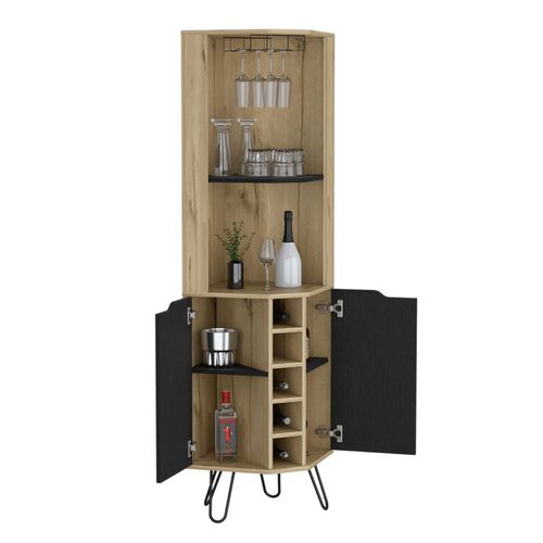 Bar Esquinero Cleo, Café Claro y Wengue, 2 Puertas con Con Espacio Para Porta Vasos y Botellas