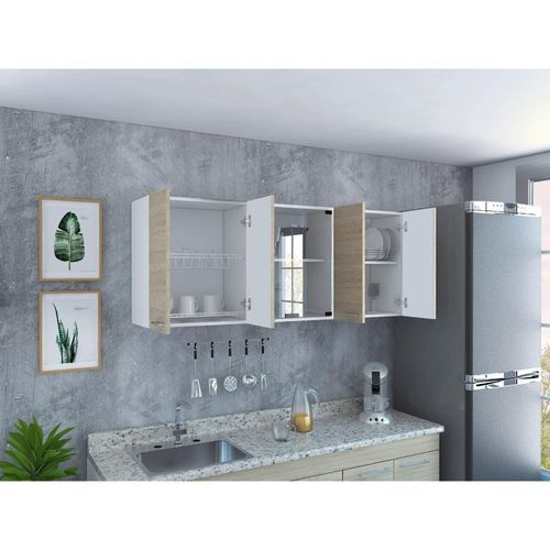 Gabinete Superior Vega, Blanco y Biege, incluye entrepaño móvil central y dos puertas de vidrio