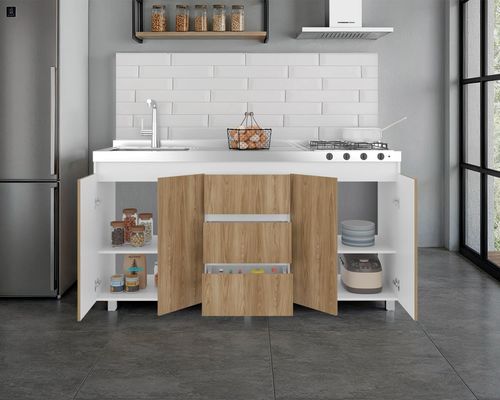 Gabinete Inferior Boreal, Blanco Duqueza y Fresno Europeo, Incluye Meson Haceb Izquierdo con Quemadores