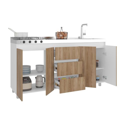 Gabinete Inferior Boreal, Blanco Duqueza y Fresno Europeo, Incluye Meson Haceb Derecho con Quemadores