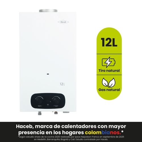 Calentador paso tiro natural 12 L gas natural blanco Haceb