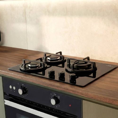 Estufa de empotrar cristal Haceb con fogón triple corona color negro de 3 puestos - 60x43 cm a gas natural