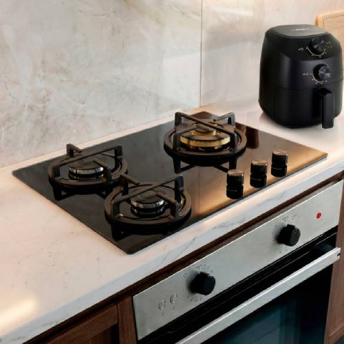 Estufa de empotrar cristal Haceb con fogón triple corona color oro mate de 3 puestos - 60x43 cm a gas natural